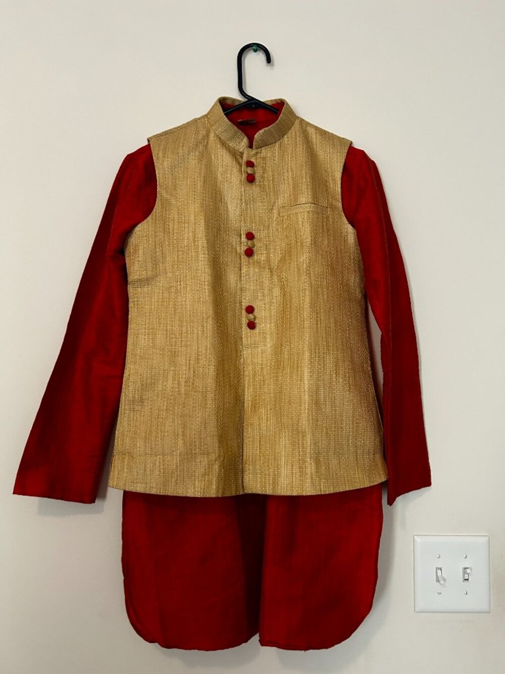 3 Piece Kids Indian Traditional Kurta Pajama Set with Nehru Jacket Red & Gold